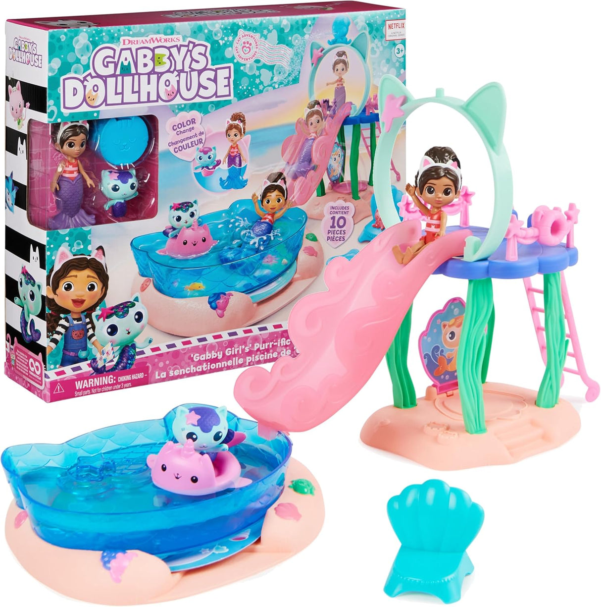 Gabby’s Dollhouse, Purr-ific Pool Playset with Gabby and MerCat Figures, Colour-Changing Mermaid Tails and Pool Accessories Kids’ Toys for Ages 3 and Up, Blue.