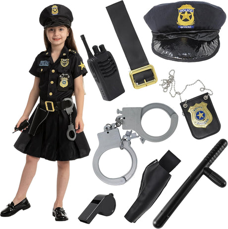 Spooktacular Creations Police Officer Kids Girl Cop Costume Outfit Set with Pretend Play Accessories, Fancy Dress Costume for Halloween Dress Up Party, Role-Playing, Carnival Cosplay, Themed Parties.