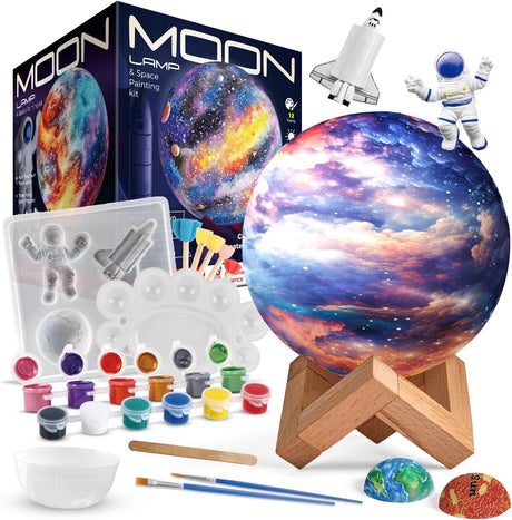 EDUMAN Paint Your Own Moon Lamp Kit, DIY 3D Moon Night Light with Space Figurines & Wooden Stand,Space Toys Night Light Gift for Kids Ages 3-12, Arts and Crafts Kit for Teens Girls Boys.