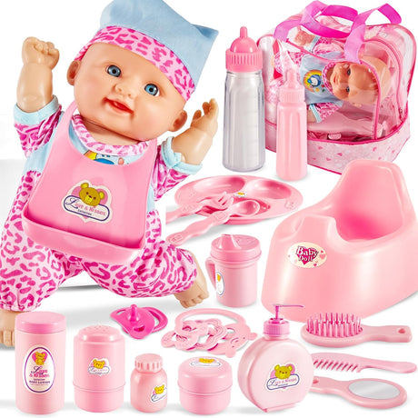 LINFUN KIDS Baby Doll Accessories with Carry Case Toddler Doll Set Baby Doll Feeding Doll Bath Set Gifts for Kids Boys Girls 3 4 5 Years Old.