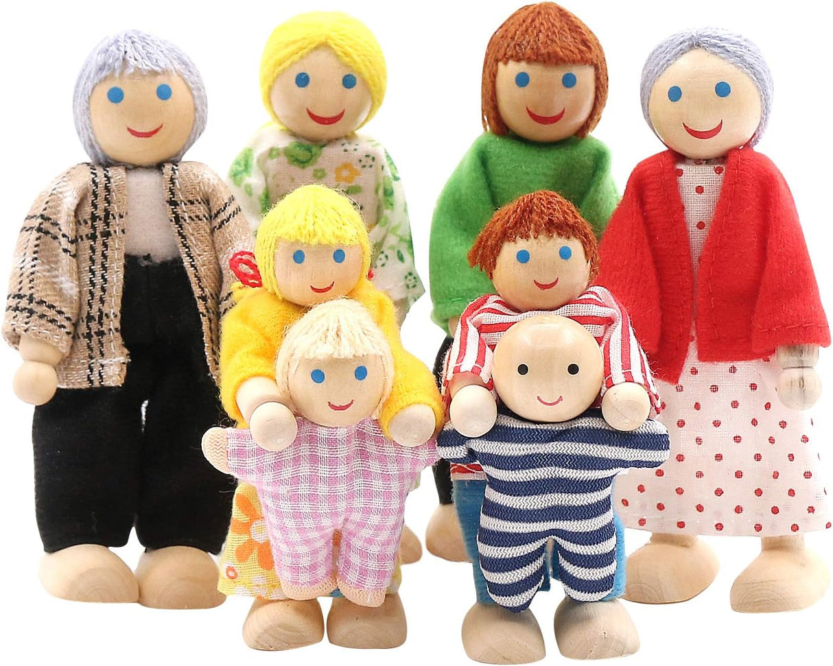 SumDirect Sets of 7 People Wooden Family Doll Toys, Lovely Happy Family Dolls Playset Doll House Accessories for Doll House Kids Children Toy (style 4).