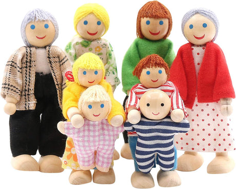 SumDirect Sets of 8 People Wooden Dolls House Family Dolls Toys, Lovely Happy Family Dolls Playset DollHouse Accessories for Doll House Kids Children Girls Toy.