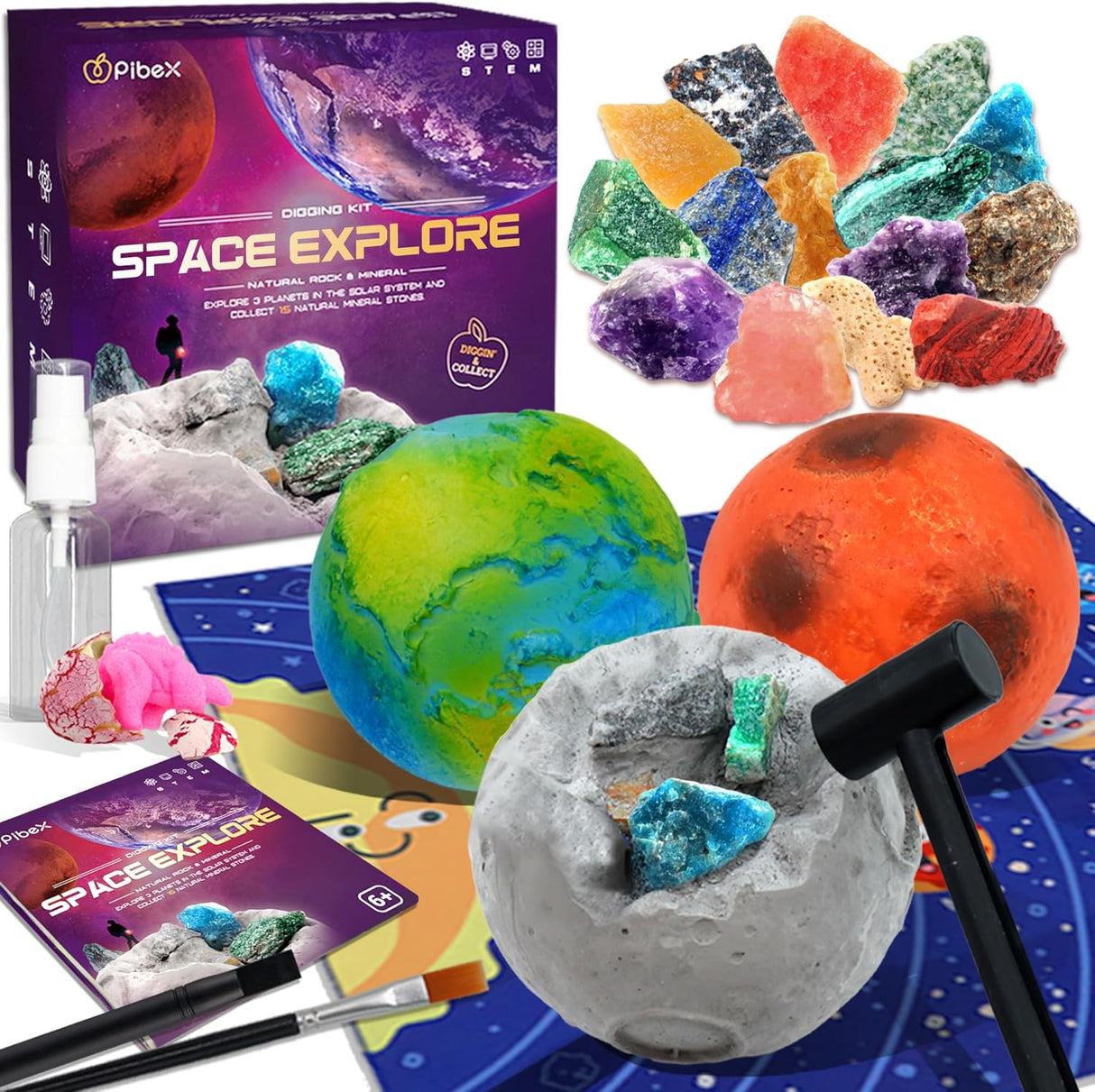 Gemstone Dig Kit, PIBEX 3-IN-1 Solar System Excavating Set, Dig up 15 Genuine Rocks & Minerals, Planets Explore Experiment STEM Project Toy Gift for Boy & Girl, Stone Mining Science Kit for Kid 6-8-12.