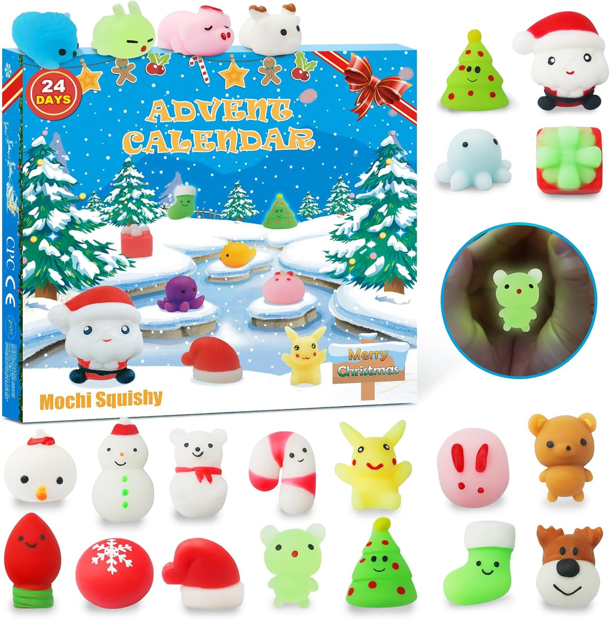 Advent Calendar 2024 Kids,24 Mochi Squishies Toys Including Luminous Mochi Santa Claus for Boys Girls, Various Surprises Every Day, Non-Toxic, Reusable, Cute and Adorable for Christmas, Pack of 24.