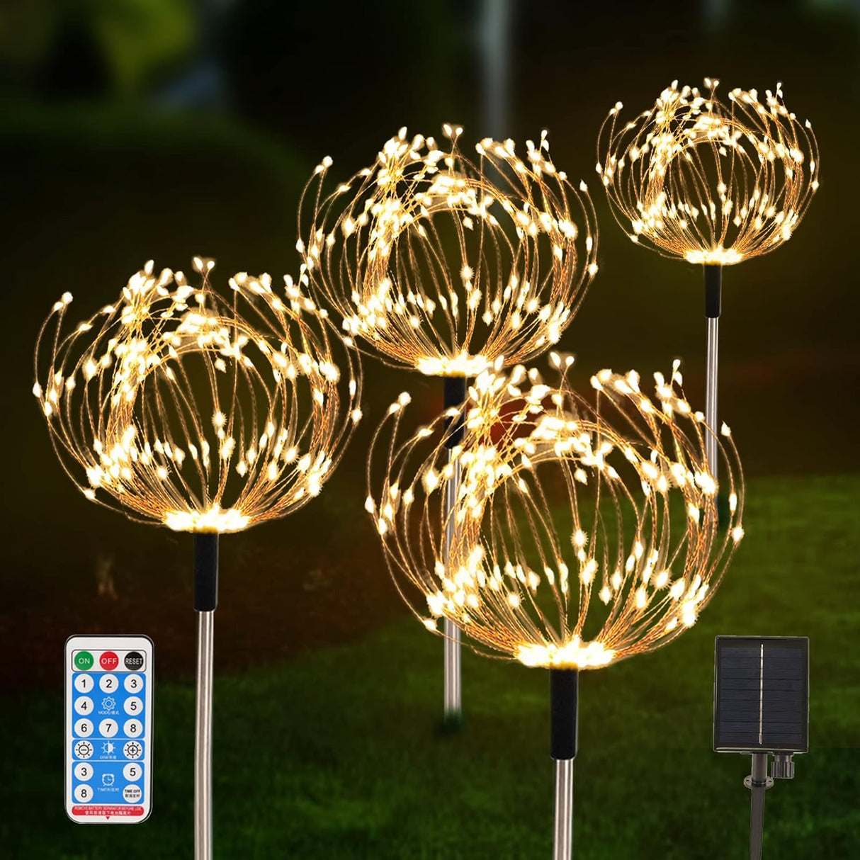 AcaJoe Solar Garden Lights Outdoor 4 Pack 480 LED Firework Path Lights Solar Powered Starburst Fairy Lights Waterproof 8 Lighting Modes with Remote Control for Patio Christmas Party Yard Decorative