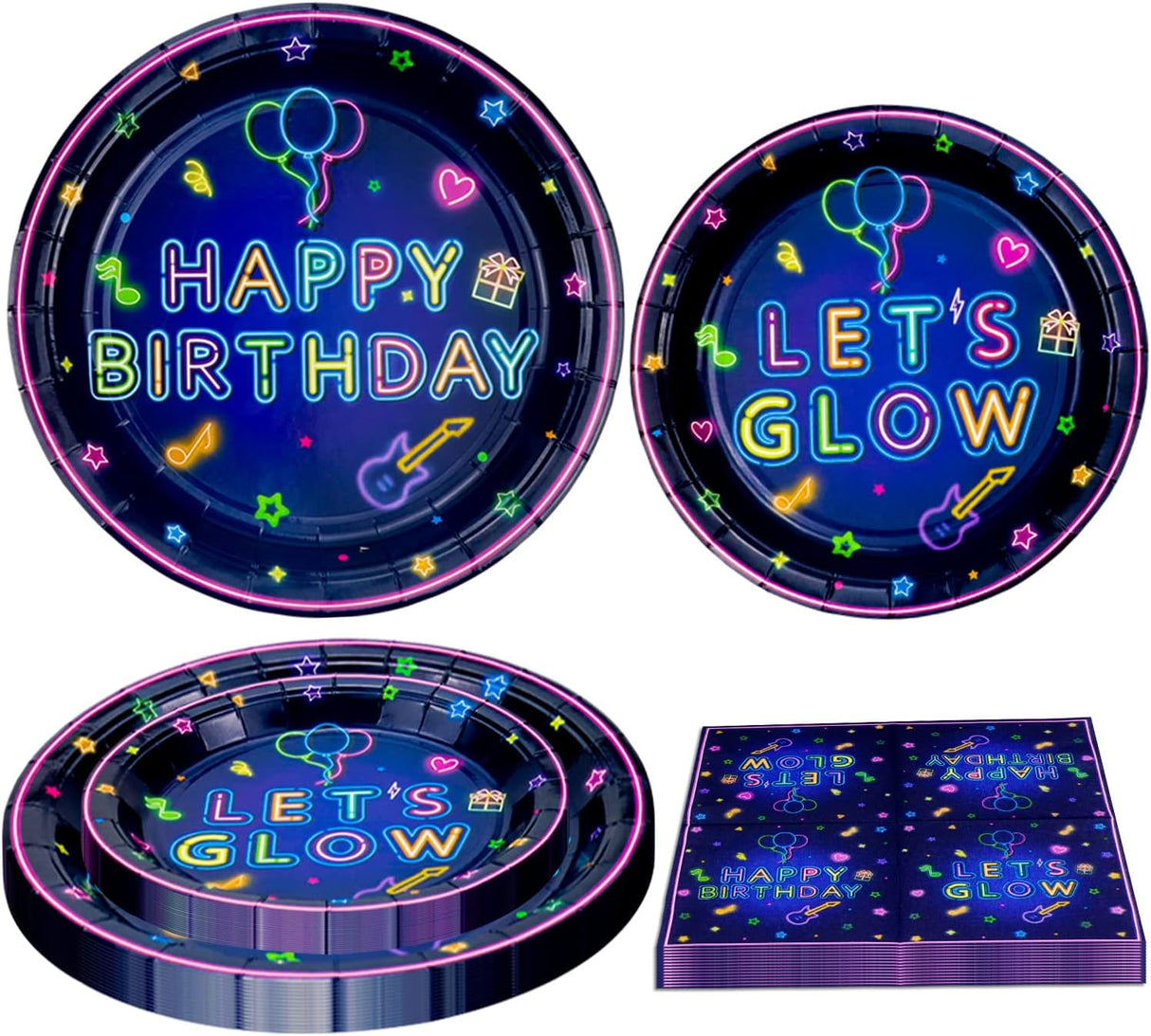 120 Pack Neon Glow Party Supplies Glow Tableware Set Glow Party Plates Glow in The Dark Birthday Plates, Napkins Blacklight Party Decoration Neon Glow Birthday Party Decorations Serves 40.