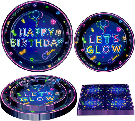 120 Pack Neon Glow Party Supplies Glow Tableware Set Glow Party Plates Glow in The Dark Birthday Plates, Napkins Blacklight Party Decoration Neon Glow Birthday Party Decorations Serves 40.