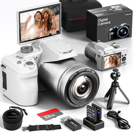 NBD 64MP Digital Camera，4K Vlogging Camera for YouTube with 3’’ Flip Screen,16X Digital Zoom,WIFI& Autofocus,Cameras Mic&Tripod,2 Batteries, 32GB TF Card，Dslr Camera (White).