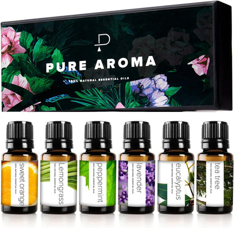 Essential Oils by Pure Aroma 100% Pure Therapeutic Grade Oils kit- Top 6 Aromatherapy Oils Gift Set-6 Pack, 10ML(Eucalyptus, Lavender, Lemon Grass, Orange, Peppermint, Tea Tree).