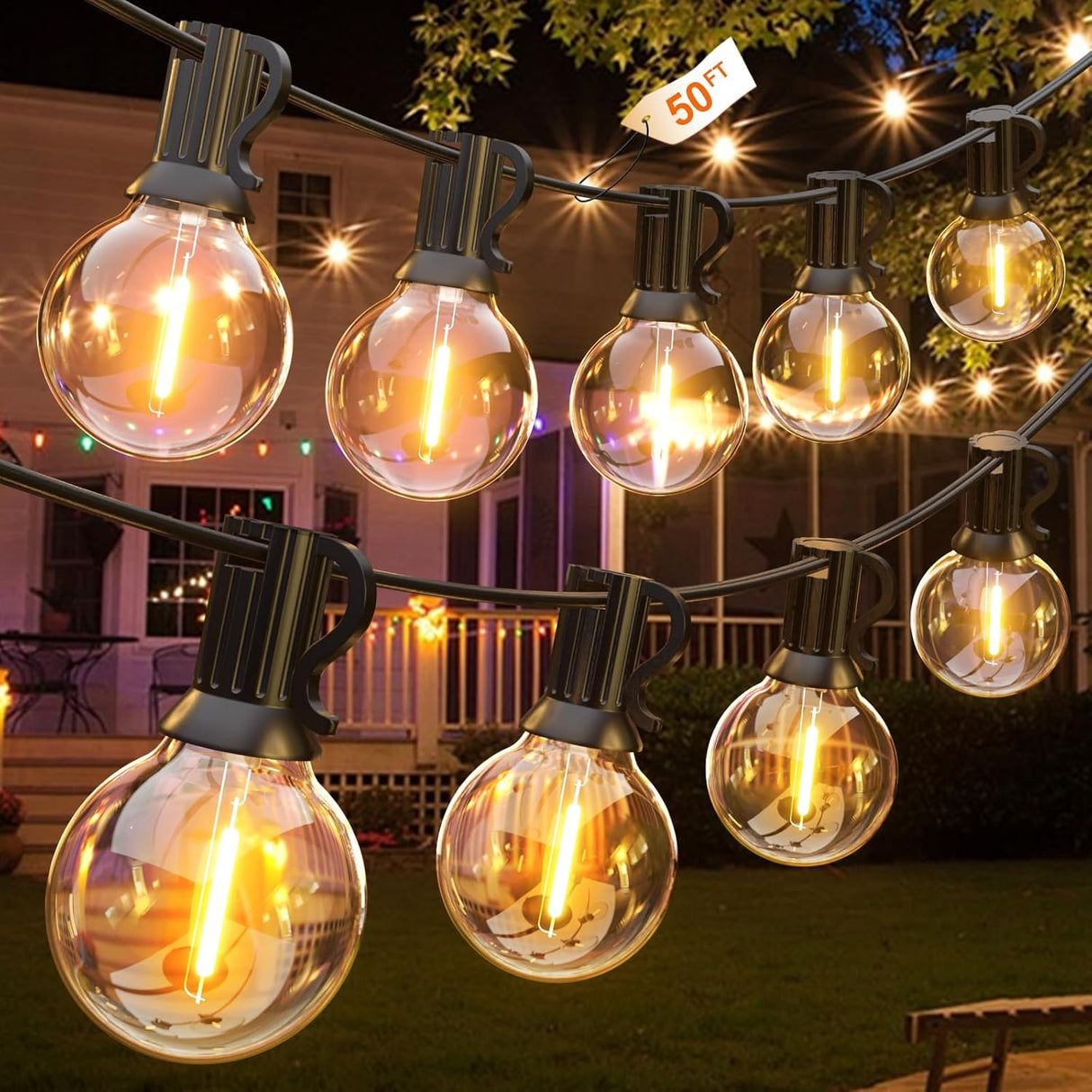 GLUROO Festoon Lights Outdoor 100FT, G40 LED String Lights Mains Powered with 50+2 Plastic Bulbs,Waterproof Connectable Outdoor String Llights for Garden,Porch, Backyard,Bistro.