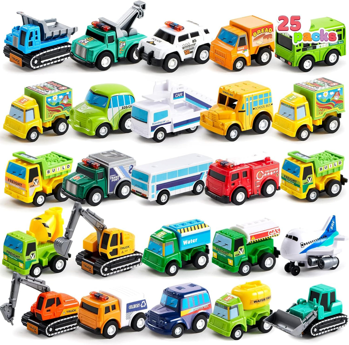 JOYIN 25 Piece Pull Back City Cars and Trucks Toy Vehicles Set for Toddlers, Girls and Boys Kids Play Set, Die-Cast Car Set.