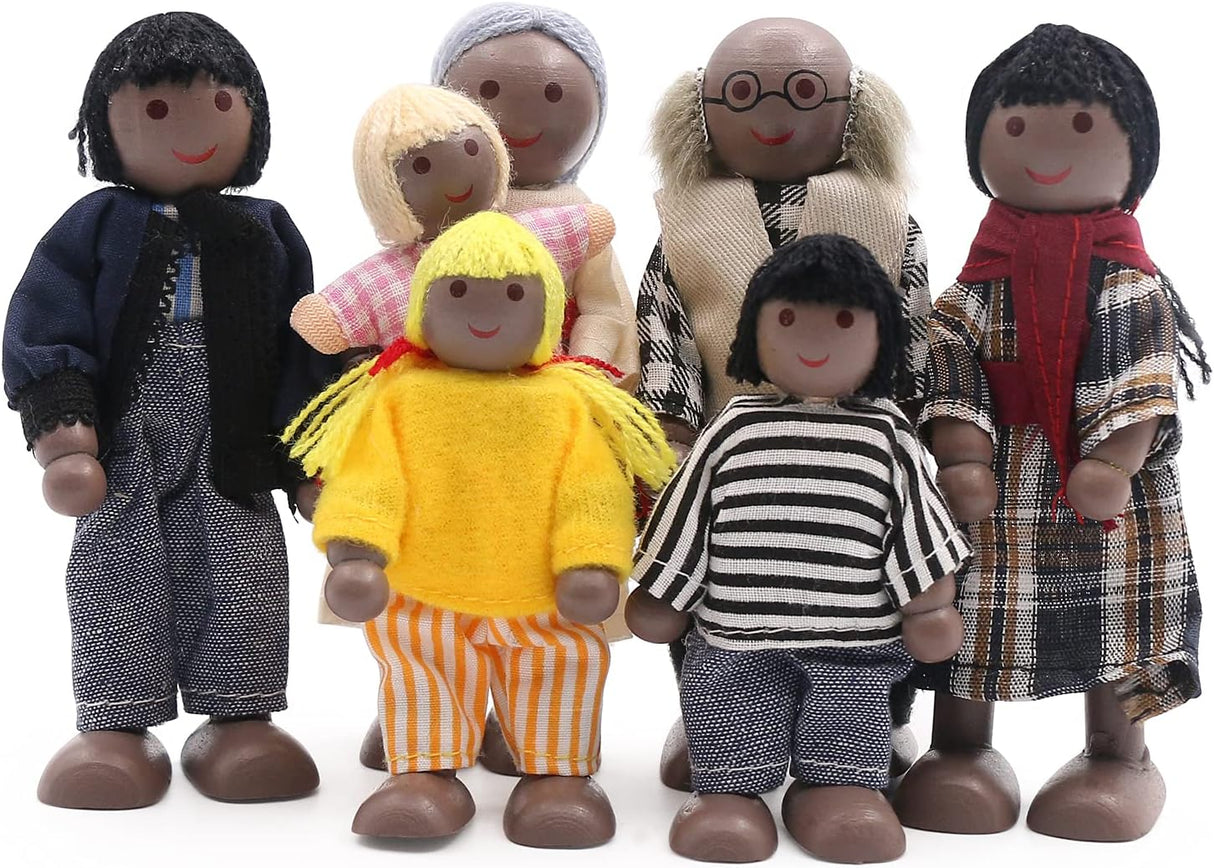 SumDirect Sets of 7 People Wooden Family Doll Toys, Lovely Happy Family Dolls Playset Doll House Accessories for Doll House Kids Children Toy (style 4).