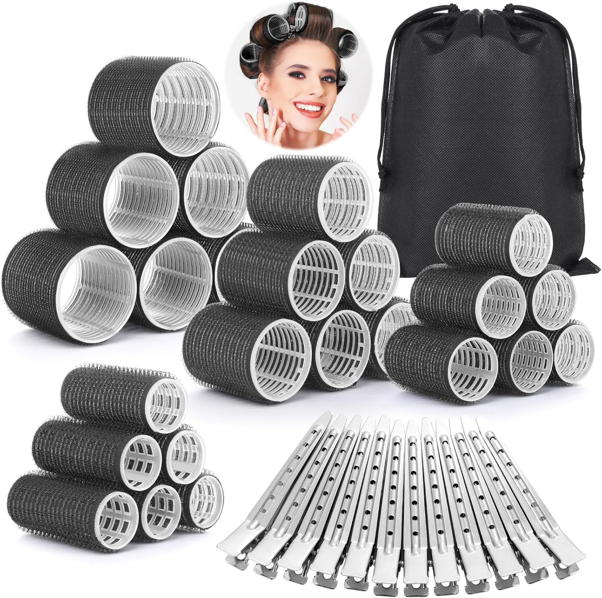 Thrilez 37 PCS Hair Roller with Storage Bag, Big Hair Roller with 4 Different Sizes 60mm 48mm 36mm 25mm Hair Curler Roller with Clips for Long Medium Short Hair, Hair Roller for Salon DIY Hairdressing.