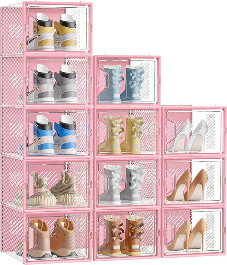 SIMPDIY Shoe Storage Box,12 pcs Shoe Box Clear Plastic Stackable, Shoe Organizer Containers with Lids for Women/Men,Fit up to UK 12.