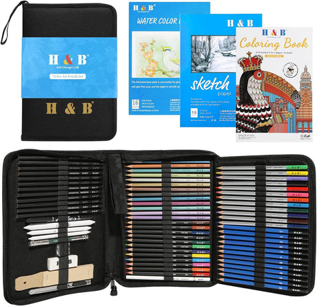 H & B 75Pcs Drawing Set Colouring Pencils Sketch Set,Drawing Pencils with Watercolor Pencil,Metallic Pencil, Sketchbook,Art Supplies for Adults Artists Beginners.