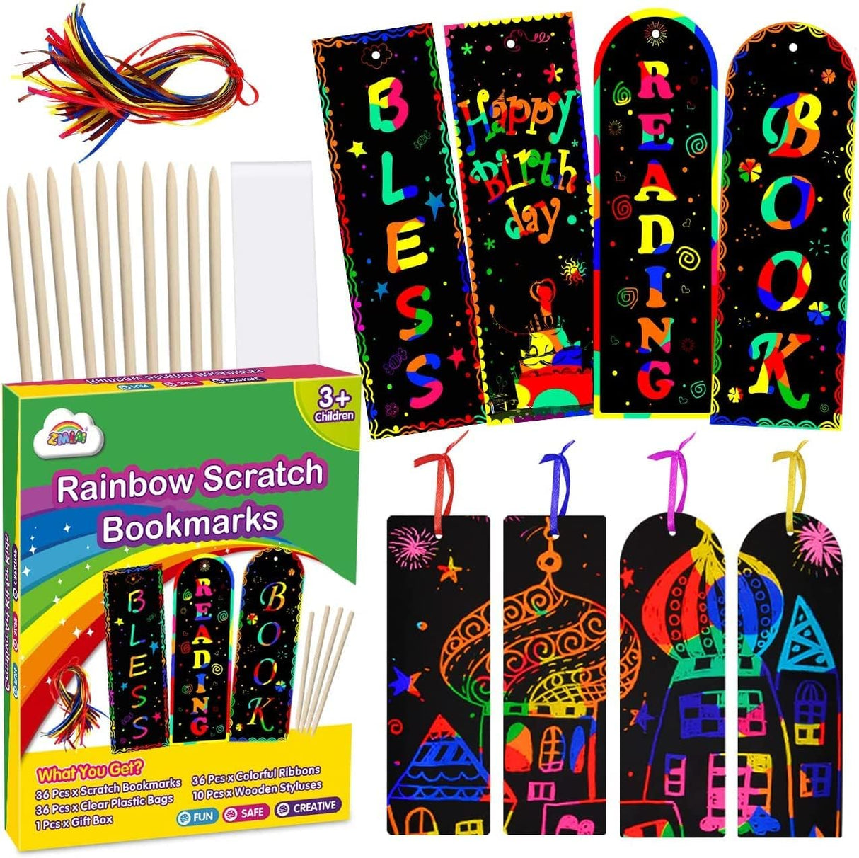 ZMLM Rainbow Scratch Mini Art Notes - 125 Magic Scratch Note Pads Cards Sheets for Kids Black Scratch Crafts Arts DIY Party Favor Supplies Kit Birthday Game Toy Gifts Box for Girls Boys Halloween.