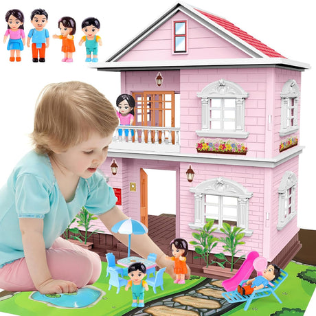 deAO Doll House to Build, Dollhouse Pink, Play Doll House with Map,& Dolls Accessories Dolls House Garden Princess House Girls Christmas Birthday Gifts.