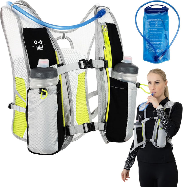 G.B & Mayfair® Unisex One Size Fits All | 5L Running Hydration Vest Backpack + 1 x 2L Water Bladder & 2 x 550ml Water Bottles BPA Free Running/Hiking/Cycling | 6 Pockets-Zipped | Durable & Waterproof.