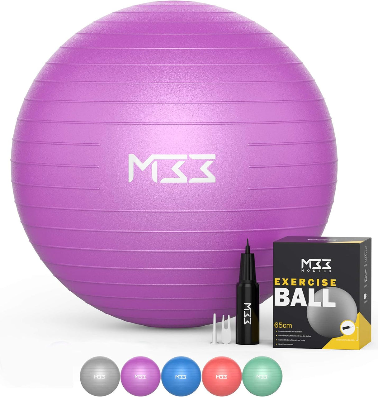 Mode33 Exercise Ball - 55 to 85cm Extra Thick Anti-Burst Yoga Ball with Hand Pump - Gym Ball for Fitness, Pilates, Pregnancy, Labour, Birthing Ball, Swiss Ball – multiple colours (M (65cm), Fuchsia).