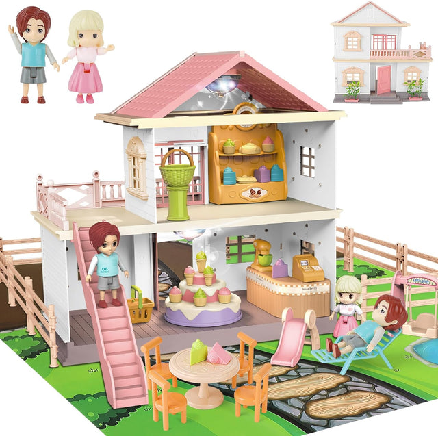 deAO Doll House to Build, Dollhouse Pink, Play Doll House with Map,& Dolls Accessories Dolls House Garden Princess House Girls Christmas Birthday Gifts.