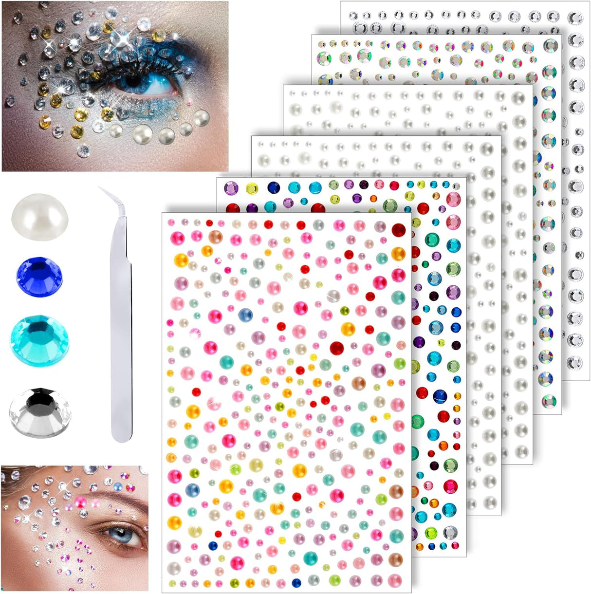 Andibro Face Gem Stick On, Face Jewels for Women, Rhinestones Hair Decorations for Makeup Self Adhesive Gems Stickers Crystals Festival Face Decals for Face Hair Body Eye 1 Tweezers Included, 6 Sheets.