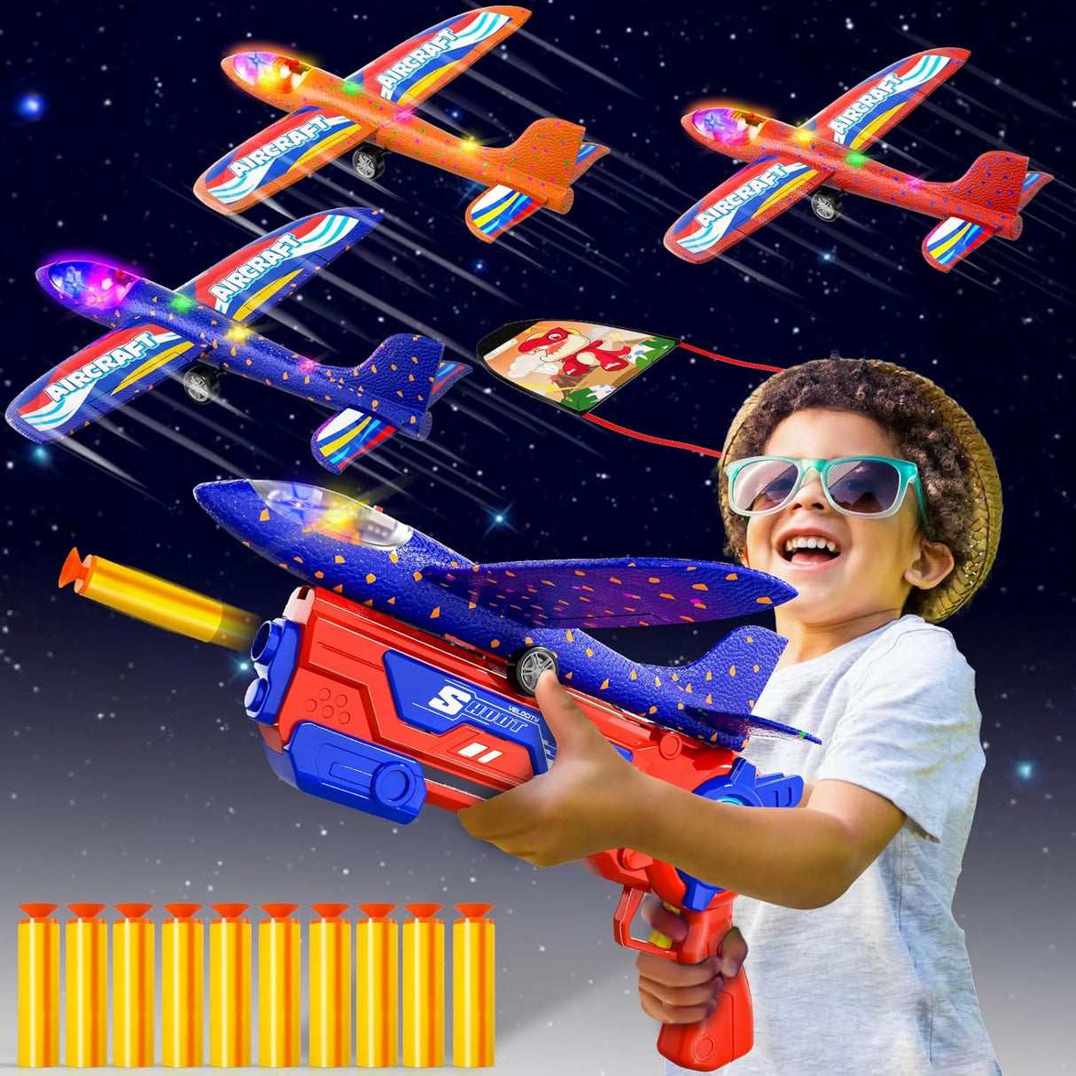 Doloowee 3 Pack Airplane Launcher Toys, 12.6 Inch LED Foam Glider Airplane Catapult, 2 Flight Modes, Outdoor Sports Flying Toys 4 5 6 7 8 9 10 11 12 Years Old Boys Girls Birthday Gifts (Blue).