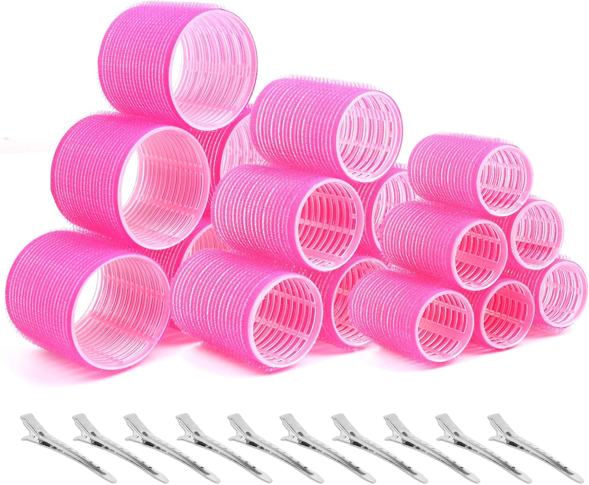 Thrilez Hair Rollers with Clips Self Grip Jumbo Include 63mm 44mm 35mm Hair Curlers for Long Medium Short Hair, Salon Hairdressing Rollers Tools for DIY Hair Styling (Rose Red).