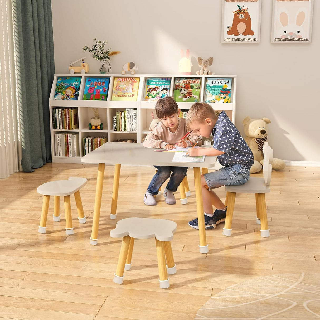 BanaSuper Wooden Kids Table and Chair set Children Activity Desk with 4 Chairs Toddler Natural Furniture Set for Preschoolers Boys Girls (Grey).