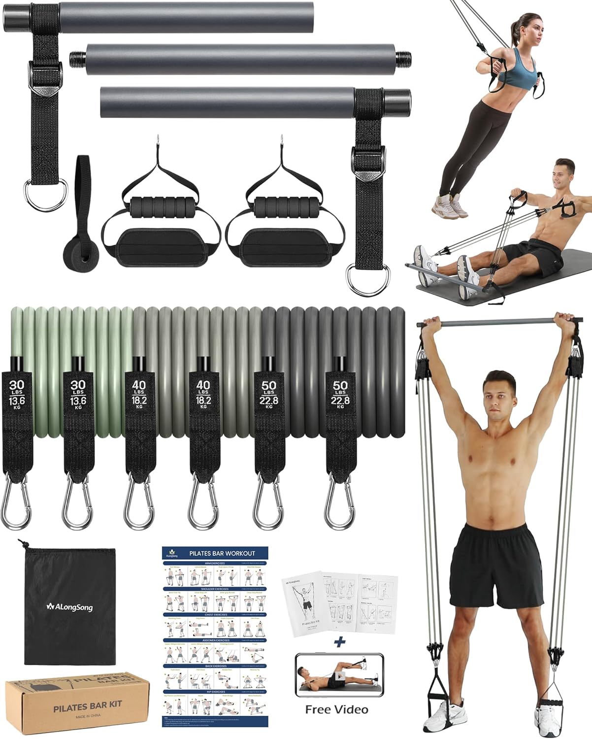 ALongSong Resistance Bands Set Men With Pilates Bar Set 6 Latex Exercise Bands 50-360Lbs or 30-240LBS/Handles Door/Anchor Pilates Equipment For Home Gym Workout Fitness.