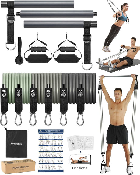 ALongSong Resistance Bands Set Men With Pilates Bar Set 6 Latex Exercise Bands 50-360Lbs or 30-240LBS/Handles Door/Anchor Pilates Equipment For Home Gym Workout Fitness.