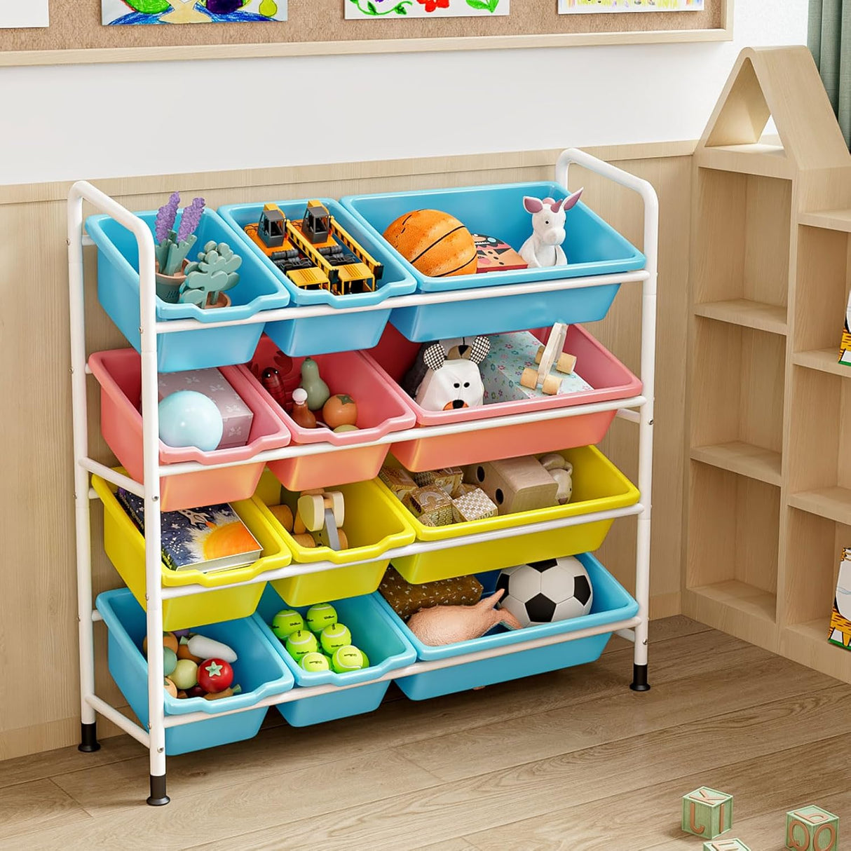 KZOBYD Kids Toy Organiser, Tiered Children's Toy Storage Unit, Toy Shelf with Removable Storage Baskets, Metal Frame Children's Furniture, Toy Display Stand Unit for Bedroom Nursery Playroom (4 Tier).