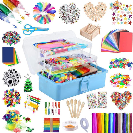 zycBernoi 3000 PCS+ Art and Craft Box for Kids, All in One DIY Arts and Crafts Supplies with Pom Poms, Pipe Cleaners, Feather, Beads, Colored Felt, Gift for Kids Ages 5 6 7 8 9 10 (Blue).