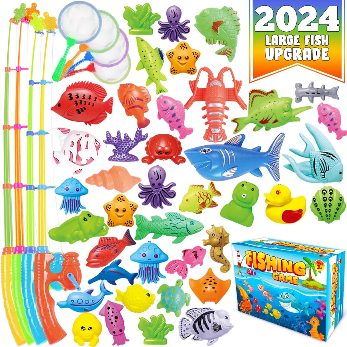 CozyBomB Magnetic Fishing Toys Game Set for Kids for Bath Time Pool Party with Pole Rod Net, Plastic Floating Fish - Toddler Education Teaching Christmas Birthday Gifts for Kids Ocean Sea Animals.