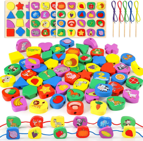 Gontence 60 Pcs Threading Toys - Wooden Puzzle - Toys for 2 3 Year Old Boys Girls - Montessori Toys for 1 Year Old - Wooden Toys for Kids Toddler - 2 3 Year Old Girl Boy Gifts.