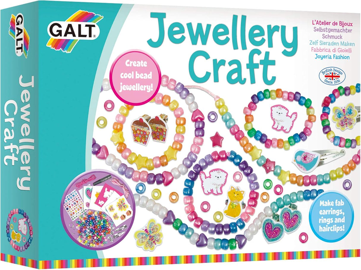 Galt Jewellery Craft Kit - Creative Cases Childrens Bracelet and Necklace Making Kit - Arts and Crafts for Kids with Hair Clips, Rings, Clip-On Earrings, Colourful Gems and Guide - Ages 5 Years Plus.