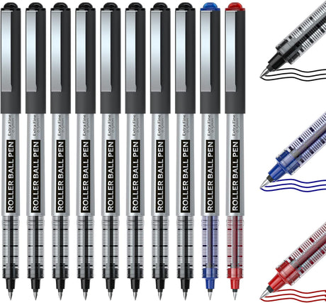 Shuttle Art Rollerball Pens, 10 Pack (8 Black, 1 Blue, 1 Red) 0.5mm Liquid Ink Pens, Quick Drying & Long Lasting Extra Fine Point Pens for Writing, Journaling, Notes Taking School Office Supplies.