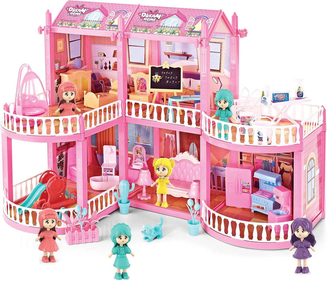 deAO Dollhouse with 6 Doll, Dream House for Girls, Kids Pink Story Castle Dolls House Playset Included Furniture & Accessories, Princess Castle Playset Gift for Girls Boys.