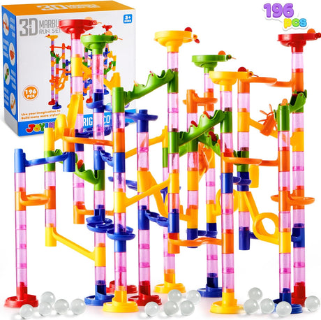 JOYIN 196 Pcs Marble Run Compact Set, Construction Building Blocks Toys, STEM Learning Toy, Educational Building Block Toy(156 Translucent Plastic Pieces+ 40 Glass Marbles).