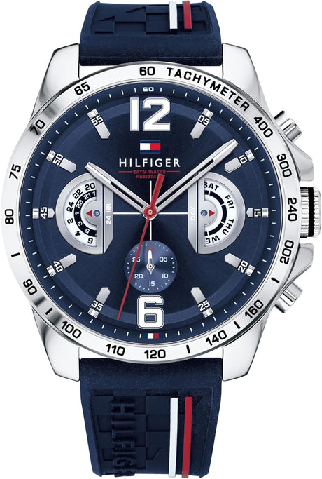 Tommy Hilfiger Jewelry Men's Stainless Steel Chain Bracelet – 2790433 + Tommy Hilfiger Multifunction Quartz Analog Watch for Men with Silicone Strap, Blue (Navy).