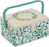 Hobby Gift Exclusive Medium Sewing Craft Hobby Storage Box, Accessories Tray Pin Cushion Pocket PVC Handle Embroidered Lid, Eucalyptus, 18.5 x 25.5 x 14.5cm.