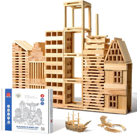 Solid Wooden Building Blocks Set,Classic Building Toys for Kids Ages 3+ years Old,Gift for Boy or Girl(100 Pieces).