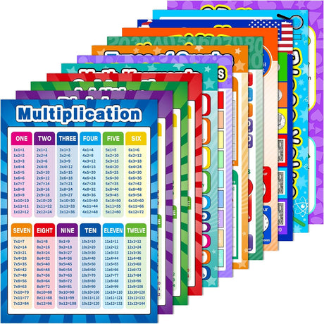 12 Pieces Educational Math Posters for Kids with 120 Glue Point Dot for Elementary and Middle School Classroom Teach Multiplication Division Addition Subtraction Fractions Numbers, 16 x 11 Inch.