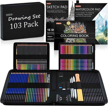 Shuttle Art 103 Pack Sketching and Drawing Pencils Set, Sketch Pencil Set with Colouring Pencils, Sketch Books, Graphite Pencils in Sturdy Zipper Case, Art Supplies for Artists, Beginners, Adults.