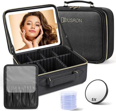 JUSRON Travel Makeup Bag with LED Mirror-3 Colors Modes, Portable Cosmetics Organizer with Adjustable Dividers Compartment, Light Up Vanity Case&Makeup Storage for Women with Makeup Accessories.