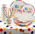 Lilydora 101Pcs Rainbow Birthday Party Tableware Set Party Paper Plates Cups Napkins Tablecloth Straws Rainbow Birthday Party Supplies Decorations for 20 Guests.