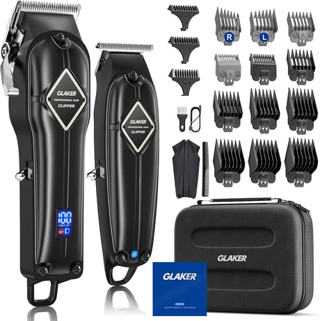 GLAKER Professional Hair Clippers Men + T-Blade Trimmer Kit - Cordless Hair Cutting Kits with 15 Premium Guards, Complete Barber Kit with Large LED Display & Storage Bag for Mens Grooming.