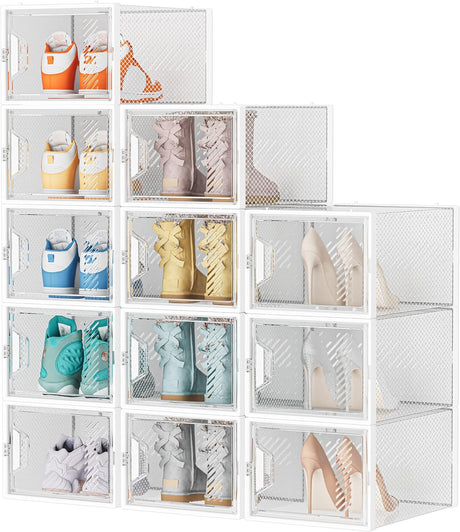 SIMPDIY Shoe Storage Box,12 pcs Shoe Box Clear Plastic Stackable, Shoe Organizer Containers with Lids for Women/Men,Fit up to UK 12.