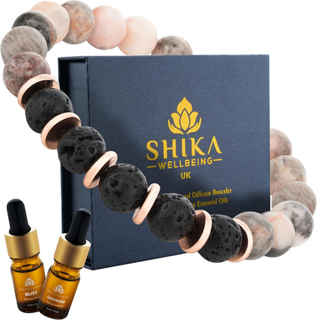 Shika Wellbeing Relaxation Gift for Women PINK ZEBRA Anxiety Relief Lava Bracelet with Lavender & Bliss Essential Oils Aromatherapy Wellness Gift Set Crystal Healing Gift Set.