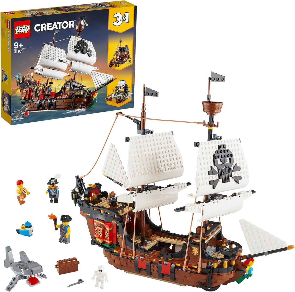 LEGO 31109 Creator 3in1 Pirate Ship Toy with Inn & Skull Island, Gift for Kids, Boys & Girls age 9 Plus Years Old with Minifigures and Shark Figure.