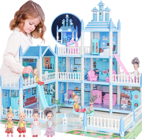 Doll House for Girls Toddlers - Huge Dollhouse with 4 Dolls Figure, Furnitures, Accessories, LED Light, 3 Stories Princess Dreamhouse Toys Gift for Kids 3 4 5 6 7 8 Year Old.